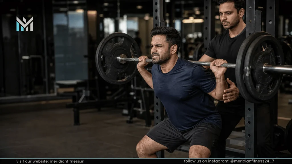 30-something client doing strength training with a personal trainer in a Bangalore gym